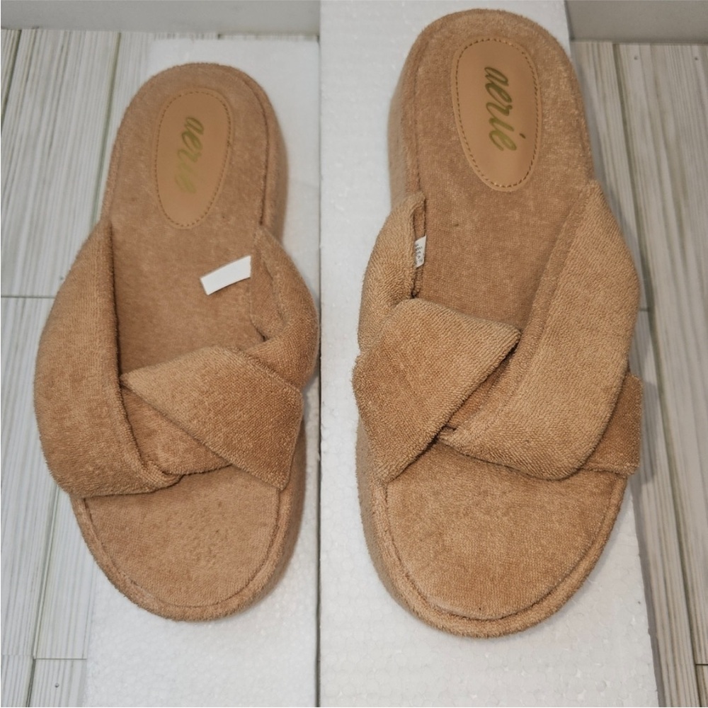 Aerie Tan Terry Twisted Platform Slides Size 9